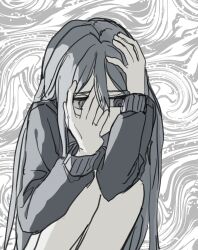 1girl clutching_head covering_own_mouth greyscale highres hunched_over jacket ji00752 long_hair looking_to_the_side monochrome project_sekai ringed_eyes sad sleeve_cuffs spiral_background squatting track_jacket very_long_hair yoisaki_kanade