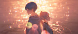 1boy 1girl absurdres back-to-back backlighting blue_eyes blue_hair blurry bokeh closed_eyes depth_of_field evening frieren highres himmel_(sousou_no_frieren) lens_flare long_hair o-bana original pointy_ears profile scenery smile sousou_no_frieren upper_body white_hair