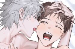 2boys blush brown_eyes brown_hair closed_eyes collarbone forced_kiss grey_hair himo_(himodayoo) ikari_shinji kiss licking male_focus multiple_boys nagisa_kaworu neon_genesis_evangelion non-web_source one_eye_closed open_mouth red_eyes short_hair sweat tears teeth tongue tongue_out white_background yaoi