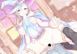 1boy 1girl bare_shoulders blush breasts brown_hair cowgirl_position earrings forehead green_eyes hat highres indoors interlocked_fingers iris_mysteria! jewelry k_(nura-rikuo) large_breasts long_hair mouth_hold nipples raised_inner_eyebrows sex straddling will_(iris_mysteria!) witch_hat