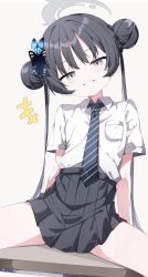 1girl black_hair black_skirt blue_archive blue_necktie blush braid braided_bun breast_pocket brown_background butterfly_hair_ornament collared_shirt dot_nose double_bun grey_eyes grey_halo grin hair_between_eyes hair_bun hair_ornament half-closed_eyes halo hand_on_table head_tilt highres kisaki_(blue_archive) kisaki_(school_uniform)_(blue_archive) loli long_hair necktie on_table pleated_skirt pocket sabana school_uniform shirt shirt_pocket shirt_tucked_in short_sleeves simple_background skirt smile smug solo spoken_expression spread_legs striped_necktie table teeth thighs tilted_head twintails very_long_hair white_background white_shirt