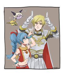 1boy 1girl armlet armor artist_name belt black_horns blonde_hair blue_eyes blue_hair border bracelet breasts brown_background cape colored_eyelashes colored_skin commentary_request dragon_quest dragon_quest_xi gold_trim grey_armor hair_ribbon hand_on_own_hip high_braided_ponytail high_ponytail highres hip_bones homeros_(dq11) horns horns_pose index_finger_raised jewelry knight looking_at_another looking_down low_ponytail maya_(dq11) midriff mnnem monster monster_boy monster_girl navel necklace ponytail purple_skin red_cape red_ribbon red_shorts red_vest ribbon scarf shorts silver_armlet small_breasts spoilers strapless transformation tube_top two-sided_cape two-sided_fabric upper_body vest white_belt white_border white_cape white_tube_top yellow_eyes yellow_scarf yellow_trim