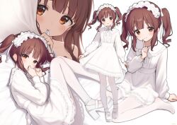 1girl absurdres bare_shoulders blush brown_eyes brown_hair dress fetal_position full_body hairband highres idolmaster idolmaster_cinderella_girls jia_wenyuan lolita_hairband long_hair looking_at_viewer lying multiple_views ogata_chieri on_side pantyhose platform_heels sitting smile twintails wariza white_dress white_pantyhose