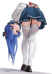 1girl absurdres bent_over black_shoes blue_hair blue_skirt bow box brown_eyes ch2haya_p closed_mouth from_behind full_body garter_straps gift hair_bow heart-shaped_box highres holding holding_gift idolmaster idolmaster_(classic) kisaragi_chihaya long_hair long_sleeves looking_at_viewer looking_back ponytail school_uniform serafuku shirt shoes simple_background skirt smile solo standing thighhighs translation_request valentine white_background white_shirt white_thighhighs