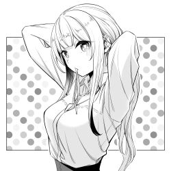 1girl absurdres arms_up breasts collared_shirt female_focus gotokuayashi high-waist_skirt highres large_breasts long_hair long_sleeves looking_at_viewer mashiro_madoka official_art sensei_ore_ni_kamawazu_itte_kudasai!! shirt shirt_tucked_in simple_background skirt solo solo_focus white_background