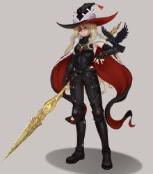 Rule 34 | 1girl, absurdres, bird, black boots, black cape, black gloves, black hat, black pants, blonde hair, boots, breasts, cape, closed mouth, commentary, crow, elbow gloves, eyepatch, fingerless gloves, full body, fur-trimmed cape, fur trim, gloves, green eyes, grey background, gungnir (toaru), hat, highres, holding, holding polearm, holding weapon, knee boots, knee pads, long hair, looking at viewer, othinus, pants, polearm, red cape, revision, small breasts, solo, spear, toaru majutsu no index, toaru majutsu no index: new testament, two-sided cape, two-sided fabric, weapon, what (lav0s), witch hat