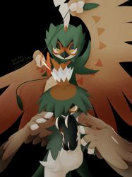 2others aiming aiming_at_viewer alternate_color animal_feet arm_up arrow_(projectile) artist_name bead black_background body_fur brown_fur brown_wings claws closed_mouth cowboy_shot decidueye feathered_wings fighting_stance furry gen_7_pokemon green_fur half-closed_eyes hand_up hands_up highres hisuian_decidueye holding holding_arrow kicking leg_up lemonade_kokoi looking_at_viewer multicolored_eyes multicolored_fur multiple_others nintendo one_eye_covered orange_eyes other_focus pokemon pokemon_(creature) shiny_pokemon signature simple_background spread_legs standing standing_on_one_leg straight-on twitter_username white_fur wings yellow_eyes