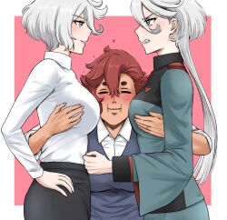 Rule 34 | 3girls, angry, asticassia school uniform, border, breast press, breasts, clenched teeth, clone harem, closed eyes, commentary, dark-skinned female, dark skin, dual persona, english commentary, eye contact, female focus, girl sandwich, grey eyes, gundam, gundam suisei no majo, heart, highres, jewelry, large breasts, lipstick, long hair, looking at another, makeup, miorine rembran, multiple girls, pink background, red hair, ring, sandwiched, school uniform, serika01, shirt, short hair, simple background, skirt, smile, suletta mercury, teeth, thick eyebrows, wedding ring, white border, white hair, wife and wife, wife and wife and wife