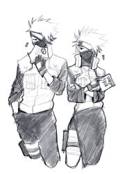 Rule 34 | 1boy, 1girl, book, breasts, dual persona, forehead protector, genderswap, genderswap (mtf), hatake kakashi, highres, icha icha (naruto), looking at another, mask, mi lu zaosheng, mouth mask, naruto (series), naruto shippuuden, pants, skirt, vest