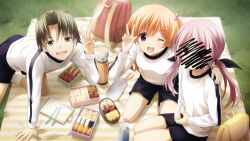 1boy 2girls aged_down apple arm_support backpack bad_tag bag beads bento black_bow black_ribbon blanket blue_buruma blush bow breasts brown_eyes buruma censored chaos;child chopsticks double-parted_bangs eating embarrassed face_censor flat_chest food food_art fruit game_cg grass green_hair gym_uniform hair_beads hair_between_eyes hair_ornament hair_ribbon happy highres holding holding_food kawahara_masashi kneehighs kneeling kurusu_nono light_blush long_hair minamisawa_senri multiple_girls official_art omelet on_blanket one_eye_closed onigiri open_mouth orange_hair outdoors picnic picnic_blanket pink_bag pink_hair plate red_eyes ribbon sandwich sasaki_mutsumi sausage scribble_censor seiza shirt shorts shy sitting small_breasts smile socks strawberry striped_blanket swept_bangs tako-san_wiener tamagoyaki thermos thick_thighs thighs tongue twintails v wariza white_shirt white_socks yellow_bag