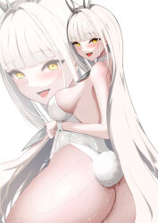 1girl absurdres animal_ears ass blanc_(nikke) blush breasts cleavage detached_collar fake_animal_ears fishnet_pantyhose fishnets goddess_of_victory:_nikke highres large_breasts leotard long_hair looking_at_viewer o_nemu_nemu open_mouth pantyhose playboy_bunny rabbit_ears solo strapless very_long_hair white_hair white_leotard wrist_cuffs yellow_eyes