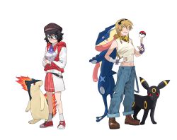 2girls alternate_costume asymmetrical_gloves black_gloves black_hair black_headband blonde_hair blue_eyes creatures_(company) crossover denim fingerless_gloves game_freak gen_2_pokemon gen_5_pokemon gen_6_pokemon glasses gloves greninja grin hand_on_own_hip hat headband highres jeans jiguang_haibao koishikawa_iko litwick long_sleeves looking_at_viewer momijiyama_teru multiple_girls navel nintendo pants poke_ball poke_ball_(basic) pokemon quilava red_vest scar_across_eyebrow scarf shirt short_hair shy_(series) simple_background skirt sleeveless smile teeth umbreon vest white_background white_gloves white_shirt white_skirt yellow_eyes yellow_scarf