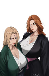 2girls absurdres artist_name bleach blonde_hair blue_eyes breasts chain chain_necklace collarbone crossover forehead_jewel highres japanese_clothes jewelry large_breasts lips long_hair looking_at_viewer matsumoto_rangiku mature_female multiple_girls naruto_(series) necklace orange_hair sekineko shihakusho shiny_skin simple_background standing tsunade_(naruto) white_background