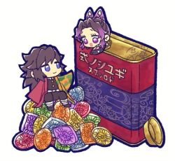 Rule 34 | 1boy, 1girl, black hair, blue eyes, butterfly hair ornament, candy, chibi, commentary request, confettocandy, demon slayer uniform, food, hair ornament, haori, japanese clothes, kimetsu no yaiba, kochou shinobu, purple hair, sakuma drops, sidelocks, simple background, sitting, tomioka giyuu, white background, wide sleeves