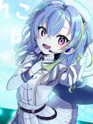 1girl absurdres backlighting belt black_belt blue_flower blue_hair blue_rose blush breasts buttons commentary_request cowboy_shot crossed_bangs double-breasted flower gloves green_hair hair_between_eyes hair_flower hair_ornament hat headset highres jacket long_hair looking_at_viewer lower_teeth_only mole mole_under_eye multicolored_hair nanashi_inc. open_mouth pink_eyes pleated_skirt reaching reaching_towards_viewer rose screen skirt small_breasts smile solo stage suzumi_nemo teeth two-tone_hair virtual_youtuber white_gloves white_hat white_jacket white_skirt yawaraka_oniku_hatto