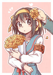 1boy 1girl armband blazer blue_sailor_collar blue_skirt blush bouquet brown_eyes brown_hair flower green_jacket hair_between_eyes hair_flower hair_ornament hair_ribbon hairband heart hetero holding holding_bouquet jacket kita_high_school_uniform kyon long_sleeves looking_at_another looking_at_viewer notice_lines out_of_frame red_ribbon ribbon rose sailor_collar school_uniform serafuku shirt short_hair skirt solo_focus suzumiya_haruhi suzumiya_haruhi_no_yuuutsu taiki_(6240taiki) white_shirt yellow_flower yellow_hairband yellow_ribbon yellow_rose