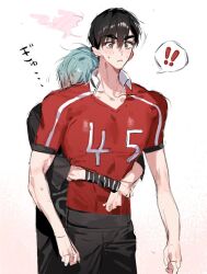 Rule 34 | !, !!, 2a1i7a15pb11392, 2boys, alien stage, black eyes, black hair, black pants, black shirt, commentary request, grey hair, heart, heart-shaped pupils, hug, hug from behind, ivan (alien stage), jersey, male focus, multiple boys, pants, red shirt, shirt, short hair, short sleeves, spoken exclamation mark, symbol-shaped pupils, till (alien stage), translation request, very short hair, yaoi
