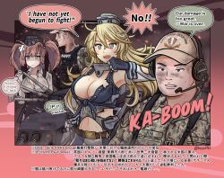 2boys 2girls atlanta_(kancolle) bandaid bandaid_on_head belt black_hair black_skirt blonde_hair blue_eyes blush breasts brown_hair cleavage clenched_hand clenched_teeth commentary_request crossed_bandaids detached_sleeves dirty dirty_face earrings english_text engrish_text garrison_cap gloves hat headgear headphones headset heizou_(hezo3361) high-waist_skirt highres iowa_(kancolle) jewelry kantai_collection large_breasts long_hair long_sleeves military military_combat_uniform military_uniform mixed-language_text multiple_boys multiple_girls open_mouth partially_fingerless_gloves ranguage rigging shaded_face shirt single_earring skirt sound_effects speech_bubble star-shaped_pupils star_(symbol) star_earrings suspender_skirt suspenders symbol-shaped_pupils teeth torn_clothes translation_request twitter_username two_side_up united_states_navy
