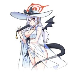 1girl bikini blue_archive braid breasts cleavage collarbone demon_wings earrings folding_fan front-tie_bikini_top front-tie_top grey_hair halo hand_fan haruna_(blue_archive) hat highres holding holding_fan jewelry large_breasts lazy_ant long_hair looking_at_viewer red_eyes see-through_clothes see-through_shirt shirt side_braid single_wing solo swimsuit tail thighs white_bikini white_hat white_shirt wings