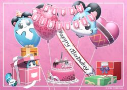 Rule 34 | animal print, balloon, birthday cake, blue ribbon, box, cake, cat print, character balloon, chattino (raora panthera), closed mouth, commentary, company name, copyright notice, cucumber, english commentary, food, gift, gift box, heart balloon, hololive, hololive english, leopard print, no humans, official art, pen, pink background, raora panthera, resu desu, ribbon, smile, virtual youtuber, white ribbon