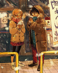 1boy 1girl 393kumaoekaki steamed_bun black_footwear blonde_hair blue_scarf brown_coat closed_eyes coat convenience_store cup disposable_cup drinking food hair_ornament hairclip highres holding holding_cup hood long_sleeves medium_hair original outdoors pants railing red_pants red_skirt scarf shoes shop sign skirt sneakers snow snowing standing steam window winter