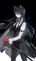 1girl absurdres animal_ear_fluff animal_ears arknights black_background black_hair black_jacket black_necktie black_pants black_vest breasts collared_shirt formal_clothes frown gloves half-closed_eyes highres jacket jacket_on_shoulders long_hair looking_at_viewer medium_breasts meng_ziya multiple_swords necktie orange_eyes pants red_gloves sheath sheathed shirt solo suit texas_(arknights) two-tone_background vest white_background white_shirt wolf_ears wolf_girl