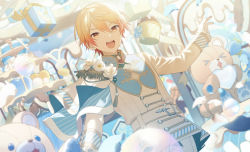 1boy belt blonde_hair flower gift gloves gradient_hair heiwa_(murasiho) highres long_sleeves looking_at_viewer male_focus multicolored_hair open_mouth orange_hair petals project_sekai rose short_hair smile stuffed_animal stuffed_toy tassel teddy_bear tsukamoto_tenma white_flower white_gloves white_rose yellow_eyes