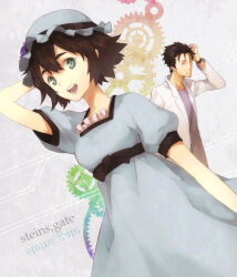 1boy 1girl blue_dress blue_hat breasts coat commentary_request copyright_name dress facial_hair frown goatee_stubble hat mob_cap nakahara_(mu_tation) okabe_rintarou open_mouth puffy_short_sleeves puffy_sleeves shiina_mayuri short_sleeves small_breasts smile steins;gate stubble white_coat