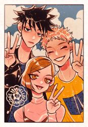 1girl 2boys ^_^ black_hair black_jacket bob_cut brown_eyes closed_eyes cloud commentary eyelashes facial_mark fushiguro_megumi hellosunnycore itadori_yuuji jacket jujutsu_kaisen kugisaki_nobara multiple_boys shirt smile spiked_hair swept_bangs tongue tongue_out turtleneck upper_body v watermark yellow_shirt