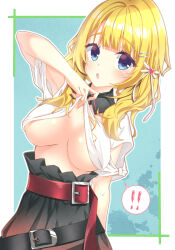 ! !! 1girl :o absurdres aqua_background arm_behind_back belt black_skirt blonde_hair blue_eyes blunt_bangs blush border breasts breasts_apart clothes_lift clothing_cutout commentary_request cowboy_shot dutch_angle hair_ornament hair_ribbon hand_up heart heart_hair_ornament high-waist_skirt highres large_breasts lifting_own_clothes limelight_lemonade_jam looking_at_viewer medium_hair no_bra open_mouth outside_border red_belt ribbon shimakoshi_tsukimi shirt shirt_lift short_sleeves shoulder_cutout simple_background skirt solo speech_bubble spoken_exclamation_mark sukonbu385 thick_eyebrows undressing white_border white_ribbon white_shirt
