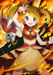 1girl :d arm_up blaziken blonde_hair blue_gemstone blush clenched_hand commentary_request creatures_(company) fire game_freak gem gen_3_pokemon grey_eyes legs_apart looking_at_viewer may_(pokemon) may_(sygna_suit)_(pokemon) mega_blaziken mega_pokemon nintendo official_alternate_costume open_mouth pokemon pokemon_(creature) pokemon_masters_ex skirt smile teeth tongue twintails upper_teeth_only wristband yamanashi_taiki