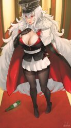 1girl absurdres azur_lane beer_bottle blush bottle breasts cleavage cleavage_cutout cloak clothing_cutout fur-trimmed_cloak fur_trim gloves graf_zeppelin_(azur_lane) hair_between_eyes hand_on_own_chest hat hiding_behind_back highres large_breasts long_hair pantyhose peaked_cap pleated_skirt red_eyes sidelocks signature skirt solo third-party_edit very_long_hair white_hair