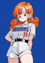 1girl alena_(dq4) alternate_costume baseball_uniform belt black_belt blue_background cowboy_shot dragon_quest dragon_quest_iv earrings eyelashes flipped_hair gem green_gemstone hand_on_own_hip highres jewelry long_hair looking_at_viewer okita_(sukult_4) red_eyes short_shorts shorts simple_background smile solo sphere_earrings sportswear striped_clothes toriyama_akira_(style) white_shorts