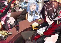6+girls absurdres ahoge alcohol animal_ears apron black_dress black_gloves black_hat blue_hair bow braid braided_ponytail breasts brown_hair closed_mouth cup demon_horns dress drinking_glass food fortissimo french_fries gloves hair_bow hair_ornament hair_over_one_eye hat highres holding holding_cup hololive hololive_english hololive_indonesia horns large_breasts looking_at_viewer ma_matsuri mama_mori mamarissa mature_female medium_breasts mole mole_under_eye multicolored_hair multiple_girls musical_note musical_note_hair_ornament open_mouth pekomama pink_hair rabbit_ears rabbit_girl red_eyes red_hair sallie_(kureiji_ollie) shella_ngaeru short_hair smile streaked_hair two-tone_hair virtual_youtuber white_apron white_bow white_hair wine wine_glass witch_hat zelitto