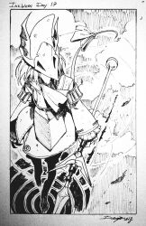 1girl animal_ears border commentary covered_eyes denimecho final_fantasy final_fantasy_ix freija_crescent from_above full_body holding holding_polearm holding_weapon inktober monochrome mouse_ears mouse_girl mouse_tail polearm signature sketch solo standing tail traditional_media weapon wide_sleeves