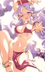 1girl bikini bra cheerleader_(disgaea) choker circlet demon_girl detached_sleeves disgaea fang gold gold_anklet gold_choker gold_circlet gold_panties gold_thighlet harem_outfit highres loincloth long_hair makai_senki_disgaea_3 navel open_mouth pendant_choker pink_bra pink_loincloth purple_eyes purple_hair sidelocks swimsuit tan thighs tsutsugano underwear very_long_hair white_background