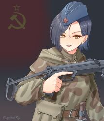 Rule 34 | 1girl, absurdres, ammunition pouch, artist name, belt, blue hair, blue hat, brown belt, brown jacket, camouflage, camouflage cloak, cloak, commentary, flag background, garrison cap, grin, gun, hammer and sickle, hat, highres, holding, holding gun, holding weapon, jacket, leochan1202, looking at viewer, military, military uniform, open mouth, original, pouch, pps-43, red star, sharp teeth, short hair, smile, solo, soviet army, soviet flag, star (symbol), submachine gun, teeth, trigger discipline, upper body, weapon, world war ii, yellow eyes