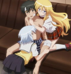 Rule 34 | 10s, 1boy, 2girls, bandages, ben-tou, black hair, blonde hair, blue eyes, blush, brown eyes, girl sandwich, glasses, hug, long hair, multiple girls, red eyes, sandwiched, satou you, school uniform, shaga ayame, skirt, stitched, third-party edit, underwear, white hair, yarizui sen