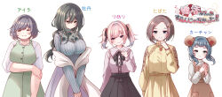 5girls arm_across_chest black_bow black_hair black_skirt blue_hair bow breasts brown_hair character_name copyright_name double_bun dress earrings green_dress green_eyes hair_between_eyes hair_bun hair_ornament hairclip highres jewelry jirai_kei large_breasts light_smile looking_at_viewer mole mole_under_eye multiple_girls necklace official_art original own_hands_together pink_hair plump rocomani shirt short_hair short_twintails skirt standing twintails white_background white_shirt yellow_dress