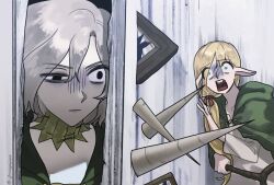 1boy 1girl bags_under_eyes black_eyes blonde_hair broken_door cape dungeon_meshi elf gorget graveyard444 green_cape green_eyes grey_hair here&#039;s_johnny!_(meme) holding holding_staff hole_in_wall horror_(theme) lazy_eye long_hair long_sleeves marcille_donato meme mithrun open_mouth panicking parody picture_frame pointy_ears scared scene_reference shaded_face shirt short_hair spikes staff the_shining turn_pale uneven_eyes