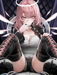 1girl 1other absurdres angel_wings arknights artist_name black_boots black_jacket black_shoes black_shorts blush boots breasts bullet_earrings buttons cleavage collar collarbone_peek collared_jacket commentary crotch detached_wings dot_nose earrings energy_wings eyeliner fingernails hair_between_eyes halo hand_on_own_knee hand_on_own_leg hand_up highres index_finger_raised jacket jewelry knees_up lace-up_boots large_breasts legs lemuen_(arknights) long_hair looking_at_viewer makeup mildt o-ring_collar open_clothes open_jacket paid_reward_available parted_lips pink_eyeliner pink_eyes pink_hair pointing pointing_up pov shirt shoe_soles shoes short_shorts shorts signature sitting sitting_on_person spread_legs straight-on teeth thigh_boots thighs traditional_halo white_collar white_halo white_shirt white_wings wing_collar wings zipper zipper_pull_tab