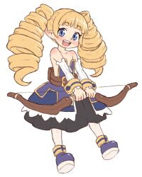 1girl archer_(disgaea) bare_shoulders beachepisode blue_eyes blue_shoes blunt_bangs blush bow_(weapon) collarbone disgaea drill_hair fang flat_chest highres holding holding_bow_(weapon) holding_weapon long_hair looking_at_viewer pointy_ears shoes simple_background smile solo teeth twin_drills upper_teeth_only weapon white_background