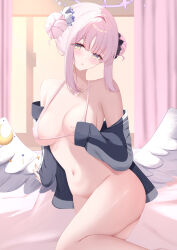 1girl absurdres angel_wings ass bikini black_scrunchie blue_archive blue_jacket blush bottomless breasts covered_erect_nipples crescent curtains double_bun feathered_wings flower hair_bun hair_flower hair_ornament hair_ribbon hair_scrunchie halo hanaki_q highres indoors jacket large_breasts long_hair long_sleeves looking_at_viewer low_wings micro_bikini mika_(blue_archive) navel open_clothes open_jacket open_mouth pink_bikini pink_hair pink_halo purple_flower ribbon scrunchie sleeves_past_wrists solo starry_sky_print stomach swimsuit thighs white_ribbon white_wings wings yellow_eyes