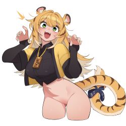 Rule 34 | 1girl, absurdres, aged up, alternate breast size, animal ear fluff, animal ears, black shirt, bottomless, breast pocket, breasts, claw pose, collared shirt, commentary, contrapposto, cropped legs, gluteal fold, green eyes, green nails, hair intakes, hands up, highres, jacket, ju fufu, large breasts, long hair, looking at viewer, maidcousin, nail polish, navel, open clothes, open jacket, open mouth, pocket, pussy, ribbon, shirt, simple background, solo, tail, thighs, tiger ears, tiger girl, tiger tail, uncensored, white background, zenless zone zero