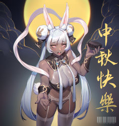 1girl absurdres animal_ears barcode black_hair black_nails breasts chinese_text cloud covered_erect_nipples dark-skinned_female dark_skin fringe_trim from_above fur garter_belt garter_straps hair_intakes halterneck highres large_breasts long_hair looking_at_viewer looking_up low_twintails moon nail_polish navel open_mouth original outstretched_arm panties rabbit_ears rabbit_tail see-through_clothes sidelocks solo standing tail thighhighs translation_request twintails underwear underwear_only vambraces white_garter_belt white_hair white_panties white_thighhighs xhe_1992 yellow_eyes yunjian
