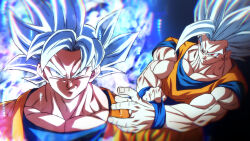 Rule 34 | 2boys, adjusting clothes, aura, chromatic aberration, commentary request, dougi, dragon ball, dragon ball super, frown, gohan beast, grey eyes, grey hair, male focus, multiple boys, muscular, muscular male, pectoral cleavage, pectorals, red eyes, rom (20), serious, smile, son gohan, son goku, ultra instinct, wristband