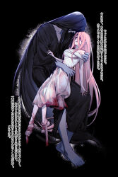 Rule 34 | 1boy, 1girl, absurdres, bbabbamis2, black background, black hair, black kimono, blood, blood on clothes, dress, heroine (homicipher), hetero, highres, homicipher, japanese clothes, kimono, long hair, looking at another, mr. crawling, pink hair, red eyes, translation request, very long hair, white dress