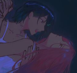 Rule 34 | 2girls, alien stage, black hair, commentary, english commentary, highres, holding hands, leaning back, long hair, mizi (alien stage), multiple girls, nanami 77m, neck tattoo, open mouth, pink hair, purple eyes, short hair, spaghetti strap, sua (alien stage), tattoo, yellow eyes, yuri