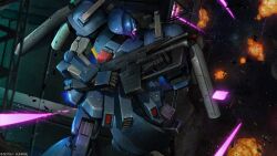 absurdres battle beam_rifle company_name copyright_notice debris energy_beam energy_gun explosion grenade_launcher gundam gundam_battle_operation_2 gundam_sentinel highres holding holding_weapon machinery mecha mecha_focus mobile_suit no_humans official_art one-eyed purple_eyes realistic robot scan science_fiction solo sunrise_(company) tenjin_hidetaka thrusters titans_(gundam) traditional_media underbarrel_grenade_launcher weapon xeku_eins