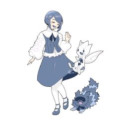 1girl :d closed_eyes collared_shirt commentary_request crossover frilled_shirt frilled_sleeves frills fukurai_azami full_body gen_2_pokemon gen_3_pokemon hand_up highres hosinyanko long_sleeves monochrome nintendo open_mouth pantyhose pokemon pokemon_(creature) protected_link puffy_long_sleeves puffy_sleeves shirt shoes short_hair simple_background skirt smile standing togetic toshi_densetsu_kaitai_center transparent_background zigzagoon